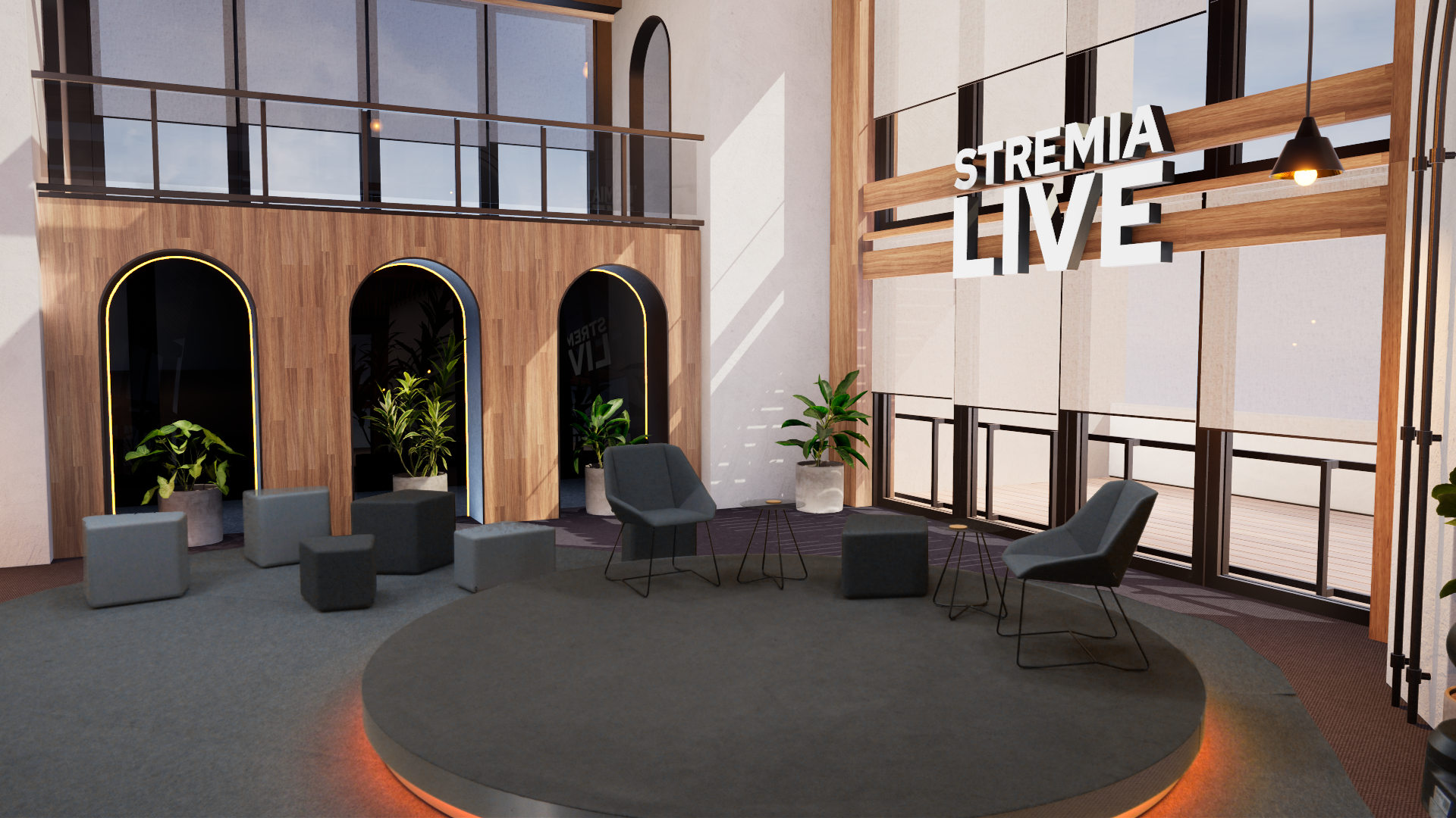 Virtuaalilavaste: puinen lounge-ympäristö Stremia Live -tunnuksella
